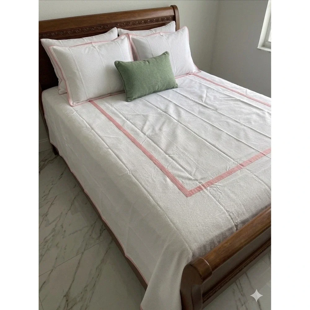 Look Linen Co Twin Banded Duvet Cover White Pink Trim Cotton Portugal Luxury‎